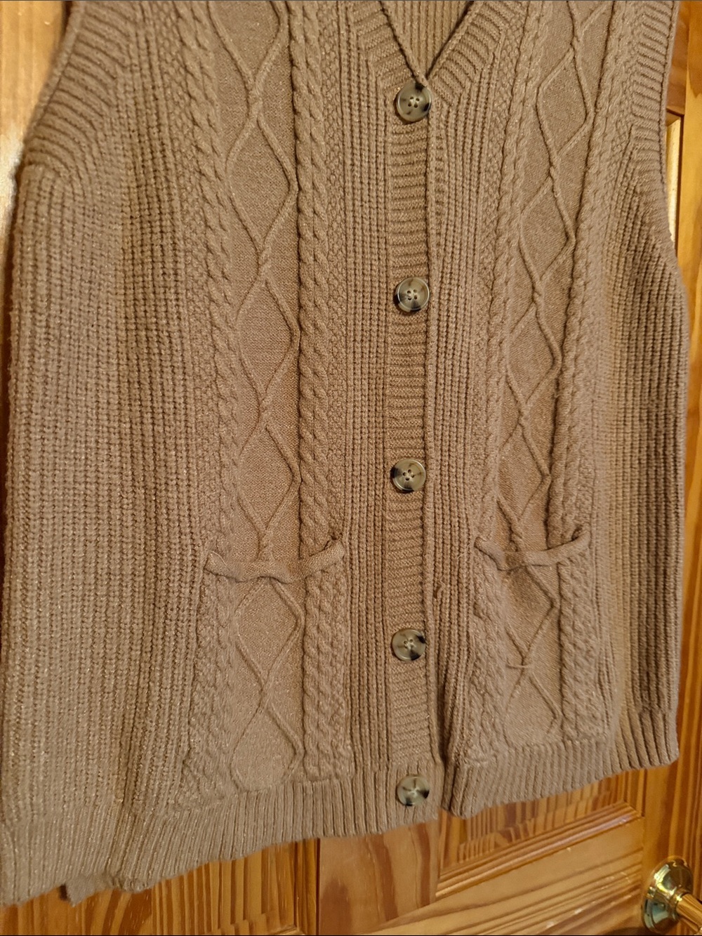 Cable Knit Button-Front Brown Sleeveless Vest - Picture 4 of 7